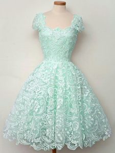 Apple Green A-line Straps Cap Sleeves Lace Knee Length Lace Up Lace Quinceanera Court Dresses
