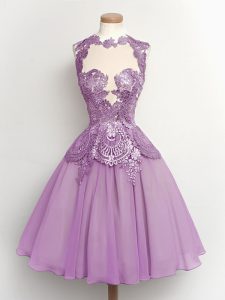 Fantastic Lilac Chiffon Lace Up High-neck Sleeveless Knee Length Damas Dress Lace