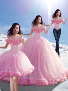 Off The Shoulder Sleeveless Tulle Quinceanera Dress Hand Made Flower Brush Train Lace Up