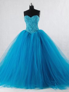 High Quality Baby Blue Ball Gowns Beading Quinceanera Dress Lace Up Tulle Sleeveless Floor Length