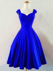 Best Selling Royal Blue A-line Straps Sleeveless Taffeta Knee Length Lace Up Ruching Bridesmaids Dress