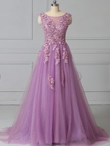 Superior Lilac Tulle Lace Up Scoop Sleeveless Prom Dresses Brush Train Appliques and Pattern