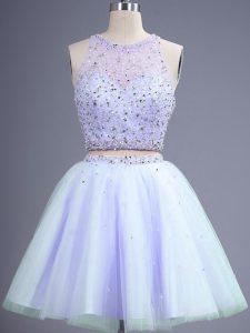 Dazzling Lavender Tulle Lace Up Scoop Sleeveless Knee Length Quinceanera Dama Dress Beading