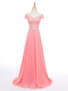 Floor Length Zipper Going Out Dresses Watermelon Red for Prom and Military Ball and Sweet 16 with Lace and Appliques
