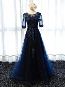 Latest Navy Blue Half Sleeves Tulle Lace Up Homecoming Dress for Prom and Party