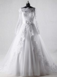 Suitable White Long Sleeves Tulle Brush Train Zipper Wedding Gowns for Wedding Party