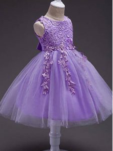 Trendy Lavender Ball Gowns Lace and Belt Little Girls Pageant Dress Zipper Tulle Sleeveless Knee Length