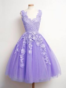 Pretty A-line Court Dresses for Sweet 16 Lavender V-neck Tulle Sleeveless Knee Length Lace Up