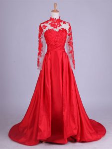 Extravagant Red Taffeta Zipper Halter Top Long Sleeves Mother Dresses Brush Train Lace and Appliques