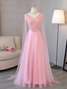 Dazzling Long Sleeves Floor Length Beading Lace Up Prom Evening Gown with Baby Pink