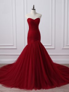Fashion Wine Red Mermaid Ruching Evening Wear Lace Up Tulle Sleeveless