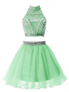 Graceful Sleeveless Mini Length Beading Zipper Wedding Party Dress with Apple Green