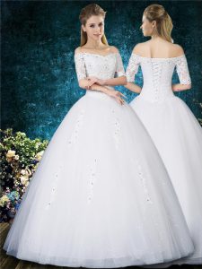 Dramatic Ball Gowns Wedding Dresses White Off The Shoulder Tulle Half Sleeves Floor Length Lace Up