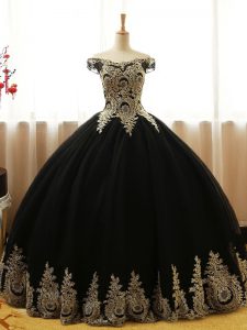 Decent Black Ball Gowns Appliques Quince Ball Gowns Lace Up Tulle Sleeveless Floor Length