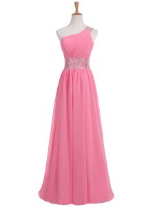 Rose Pink Chiffon Backless Formal Dresses Sleeveless Floor Length Beading and Ruching