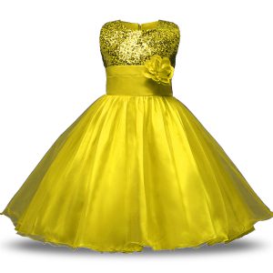 Smart Yellow Organza and Sequined Zipper Flower Girl Dress Sleeveless Knee Length Bowknot and Belt and Hand Made Flower
