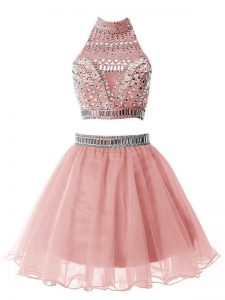 Trendy Beading Bridesmaid Gown Pink Zipper Sleeveless Knee Length