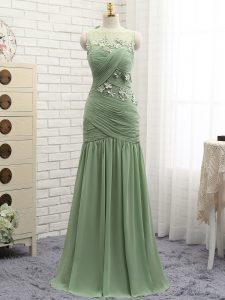 Lovely Chiffon Scoop Sleeveless Brush Train Zipper Ruching and Hand Made Flower in Olive Green
