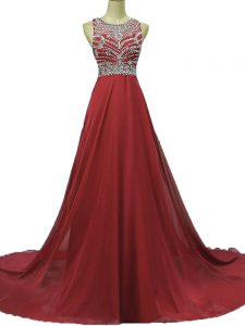 Fashion Backless Evening Dresses Burgundy for Prom and Party with Beading Brush Train