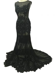 Black Mermaid Beading and Lace and Appliques Mother of Bride Dresses Side Zipper Tulle Sleeveless