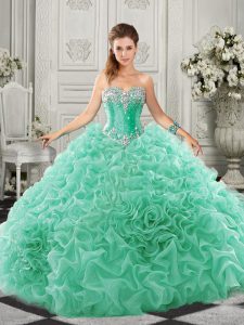 Luxury Apple Green Sleeveless Organza Court Train Lace Up 15th Birthday Dress for Military Ball and Sweet 16 and Quinceanera