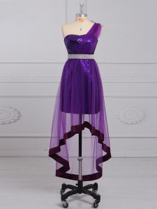 Attractive Purple Empire One Shoulder Sleeveless Tulle and Sequined Zipper Beading Homecoming Dress Online