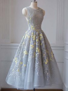 Grey Sleeveless Tea Length Lace and Appliques Criss Cross Prom Party Dress