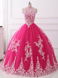 Sleeveless Tulle Floor Length Zipper Sweet 16 Dresses in Hot Pink with Lace