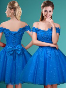 Blue A-line Off The Shoulder Sleeveless Tulle Knee Length Lace Up Lace and Belt Bridesmaid Gown