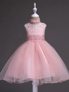 Modern Tulle Sleeveless Knee Length Kids Pageant Dress and Beading and Appliques