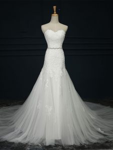 Sleeveless Court Train Lace and Belt Lace Up Wedding Gowns