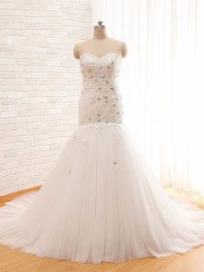 White Mermaid Sweetheart Sleeveless Tulle Brush Train Lace Up Beading and Appliques Bridal Gown