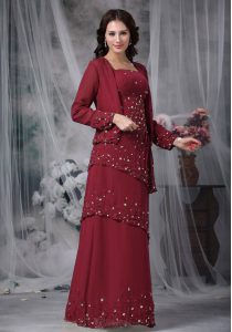 Burgundy Empire Beading Mother Dresses Zipper Chiffon Sleeveless Floor Length