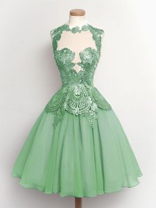 Glamorous Apple Green A-line High-neck Sleeveless Chiffon Knee Length Lace Up Lace Vestidos de Damas