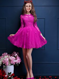 Decent Fuchsia Scalloped Lace Up Beading and Lace and Appliques Vestidos de Damas 3 4 Length Sleeve