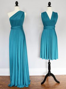 Floor Length Lace Up Wedding Party Dress Teal for Prom and Party with Ruching