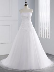 Fantastic A-line Sleeveless White Wedding Dresses Brush Train Lace Up