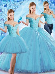 Baby Blue Three Pieces Off The Shoulder Sleeveless Organza Sweep Train Lace Up Beading Quinceanera Gowns