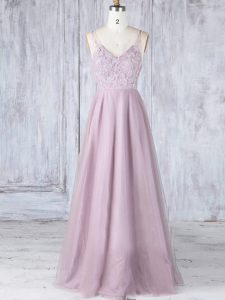 Perfect Pink Tulle Clasp Handle Dama Dress Sleeveless Floor Length Lace
