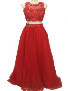 Edgy Red Zipper Prom Dress Beading and Appliques Sleeveless Sweep Train