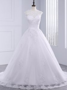 White Wedding Dress Beach and Wedding Party with Lace and Appliques and Bowknot High-neck Sleeveless Brush Train Zipper