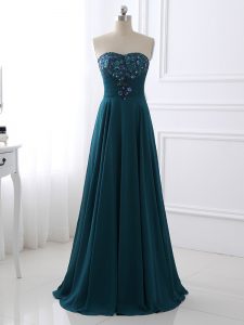 Noble Teal Empire Sequins and Ruching Mother of Groom Dress Zipper Chiffon Sleeveless Floor Length