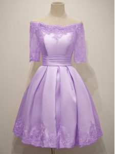 Sexy Off The Shoulder Short Sleeves Lace Up Quinceanera Court of Honor Dress Lavender Taffeta
