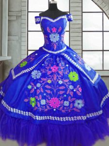 Traditional Blue Off The Shoulder Lace Up Beading and Embroidery Vestidos de Quinceanera Short Sleeves