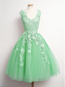 Green Lace Up Wedding Guest Dresses Appliques Sleeveless Knee Length