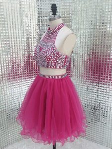 Custom Design Mini Length Two Pieces Sleeveless Fuchsia Prom Evening Gown Backless