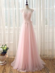 Traditional Baby Pink Damas Dress Prom and Party and Wedding Party with Beading and Lace Scoop Cap Sleeves Brush Train Zipper
