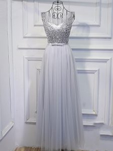 Empire Oscars Dresses Grey Scoop Tulle Sleeveless Floor Length Lace Up