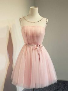 Vintage Baby Pink Long Sleeves Belt Knee Length Wedding Guest Dresses