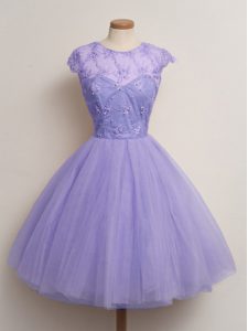 Lavender Tulle Lace Up Scoop Cap Sleeves Knee Length Quinceanera Court of Honor Dress Lace